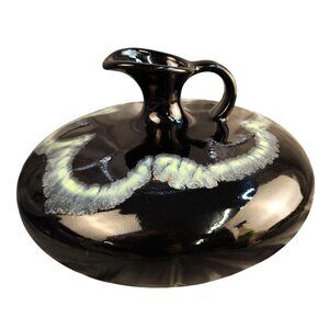 Royal Haeger Black Drip Ceramic Pitcher With Abstract Green Glaze Design